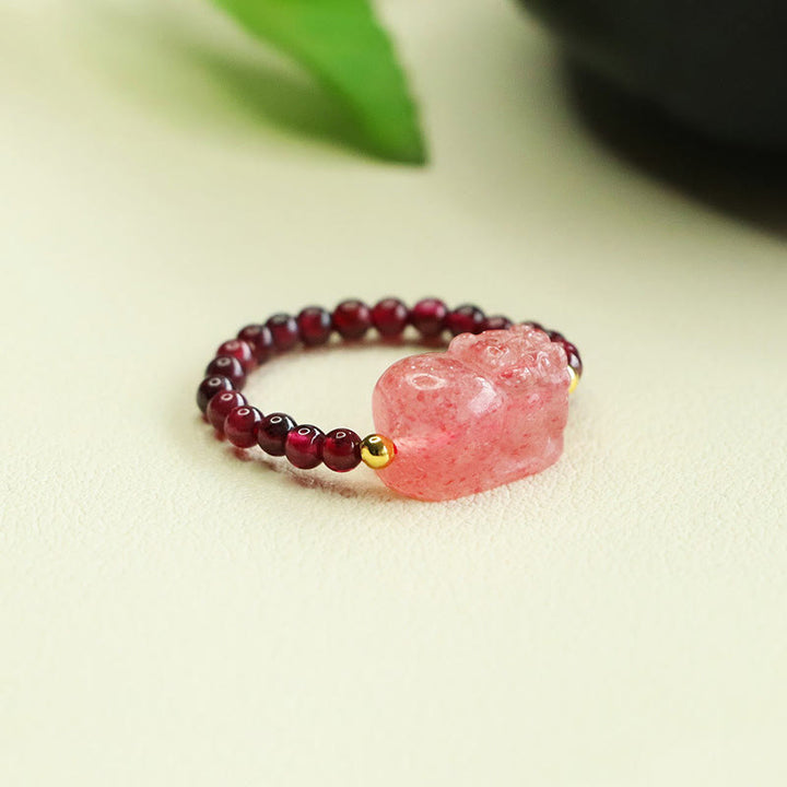 Bague de protection Pixiu en quartz fraise et pierres de Buddha Stones - image 3