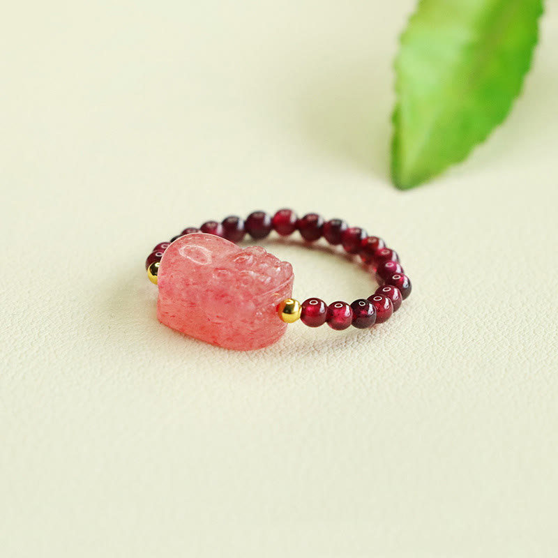 Bague de protection Pixiu en quartz fraise et pierres de Buddha Stones - image 5