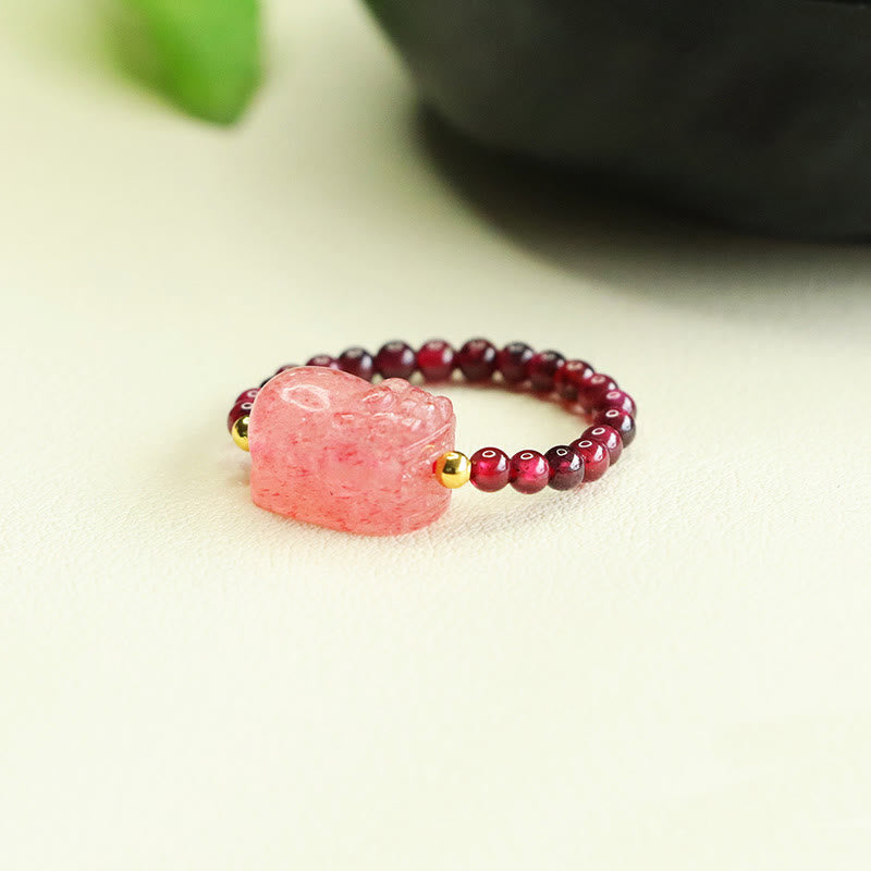 Bague de protection Pixiu en quartz fraise et pierres de Buddha Stones - image 4