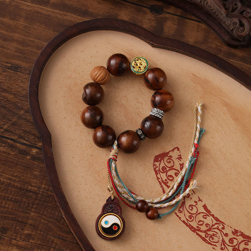 Bracelet porte-bonheur Yin Yang en bois de jujubier frappé par la foudre et Buddha Stones du Tibet - Bois de jujubier frappé par la foudre (circonférence du poignet : 18-23 cm) - image 1