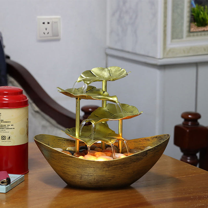 Fontaine cascade en forme de feuille de lotus , Buddha Stones, ornements de table avec lumière LED, décoration de bureau pour la maison - Or (Version Métal) - image 26