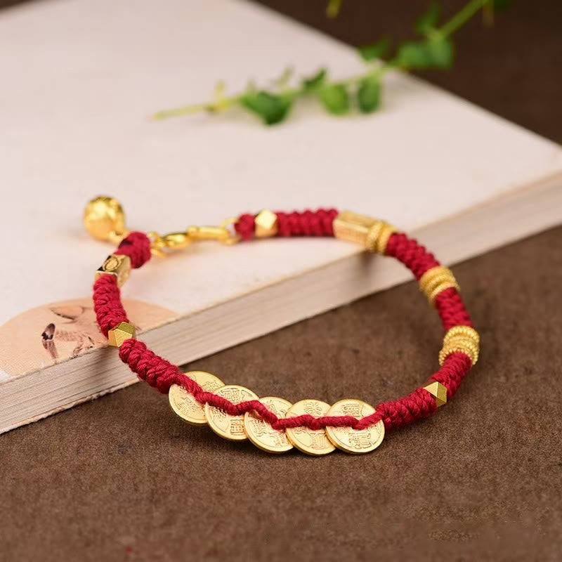 Bracelet tressé fait main en Buddha Stones avec cinq pièces impériales - Corde rouge (tour de poignet : 15-19 cm) - image 1