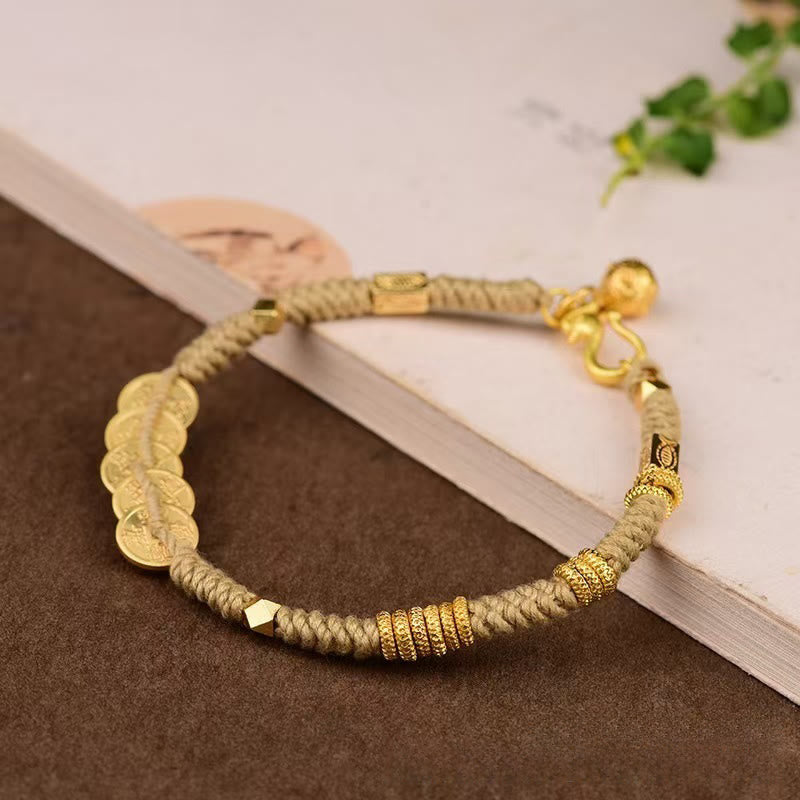 Bracelet tressé fait main en Buddha Stones avec cinq pièces impériales - Corde jaune (tour de poignet : 15-19 cm) - image 6