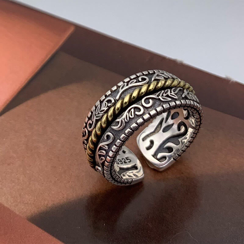 Bague énergétique porte-bonheur en cuivre Buddha Stones et motif floral de la dynastie Tang - 18 mm (US8) - image 1