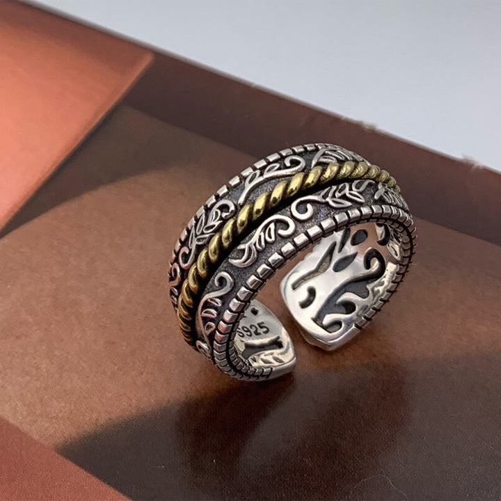 Bague énergétique porte-bonheur en cuivre Buddha Stones et motif floral de la dynastie Tang - 18 mm (US8) - image 1