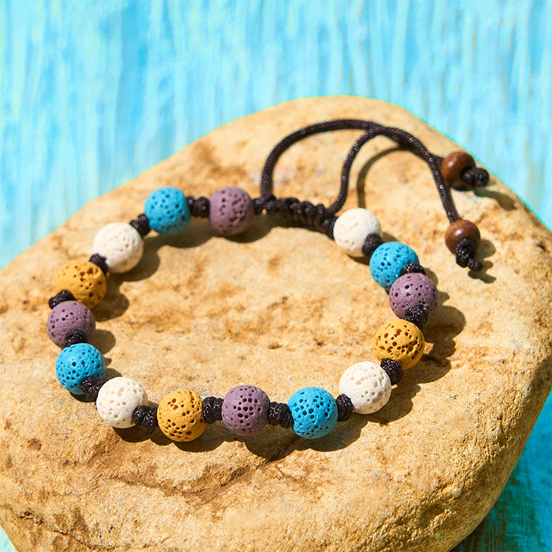 Bracelet de soutien en pierre de lave colorée Buddha Stones - Perles blanches, bleues, violettes et jaunes (tour de poignet : 15-22 cm) - image 15