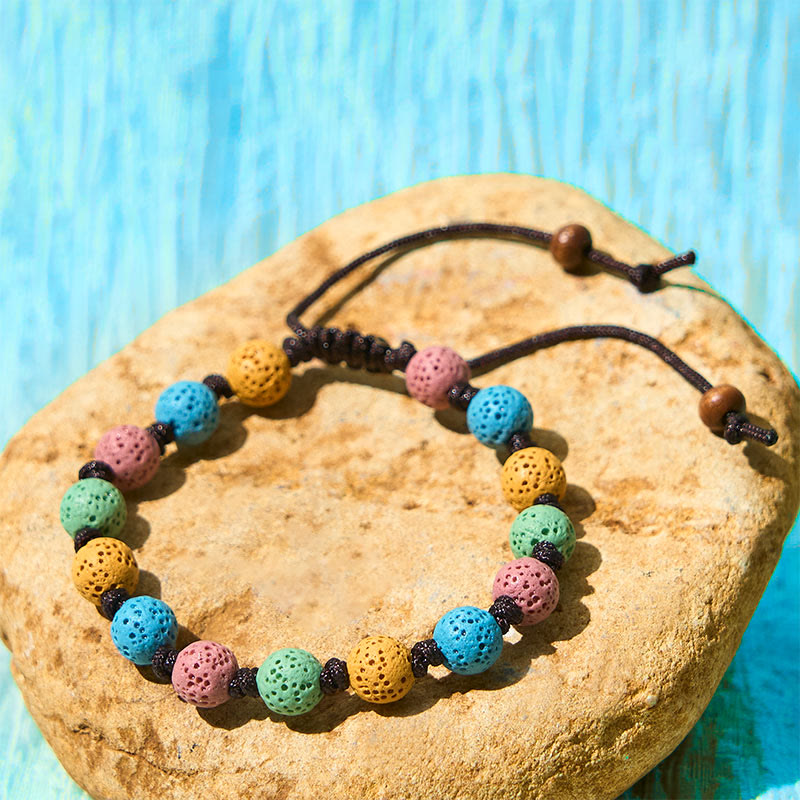 Bracelet de soutien en pierre de lave colorée Buddha Stones - Perles jaunes, bleues, roses et vertes (tour de poignet : 15-22 cm) - image 7