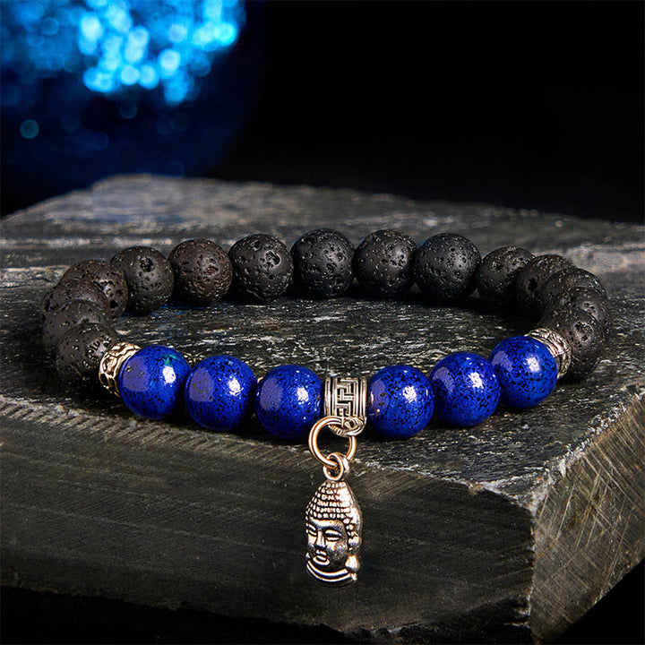 Bracelet de guérison en perles de cristal de lave noires Buddha Stones à motifs animaux - Motif tête de Bouddha (tour de poignet : 15-17 cm) - image 9