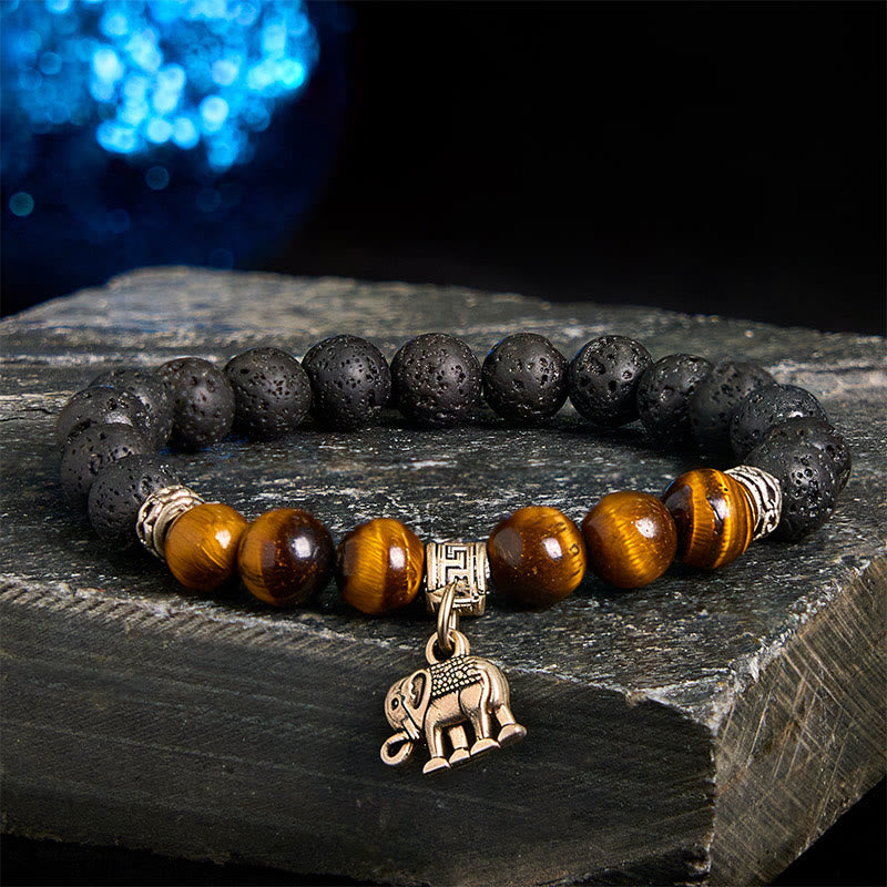 Bracelet de guérison en perles de cristal de lave noires Buddha Stones à motifs animaux - Motif éléphant (tour de poignet : 15-17 cm) - image 1