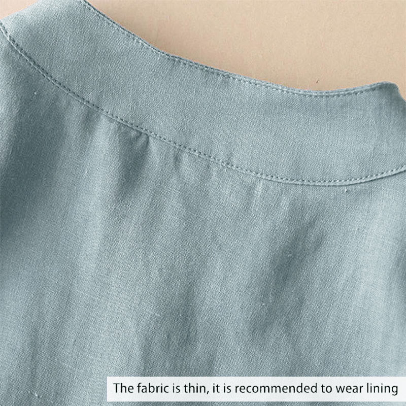 Chemise décontractée en coton et lin à col en V et manches trois-quarts pour femme avec motif Buddha Stones - image 3