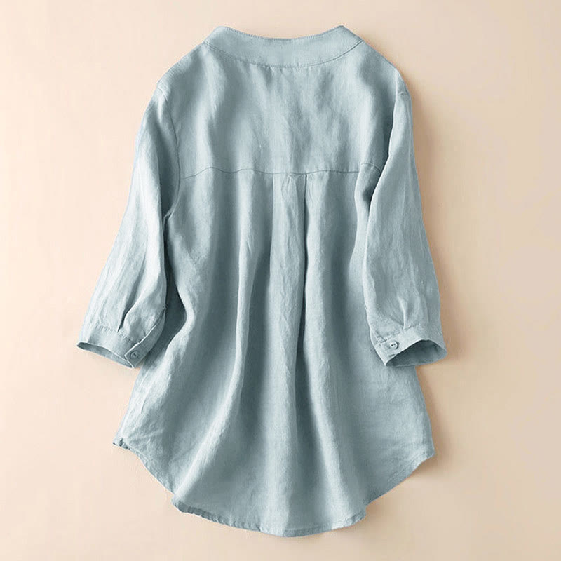 Chemise décontractée en coton et lin à col en V et manches trois-quarts pour femme avec motif Buddha Stones - image 2