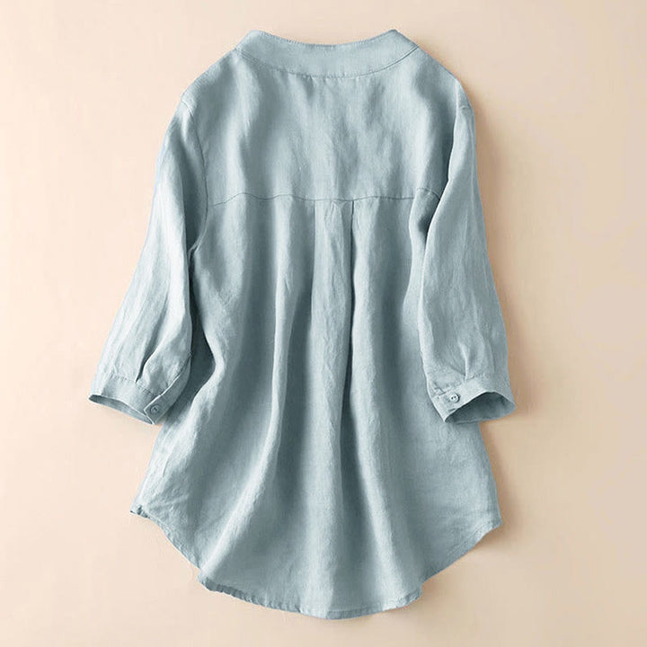 Chemise décontractée en coton et lin à col en V et manches trois-quarts pour femme avec motif Buddha Stones - image 2