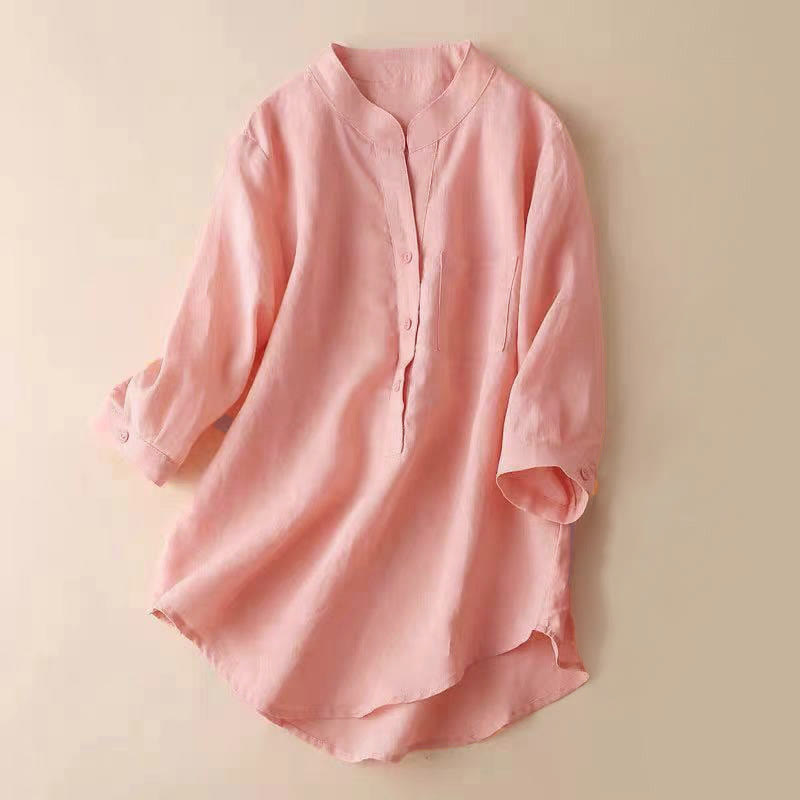Chemise décontractée en coton et lin à col en V et manches trois-quarts pour femme avec motif Buddha Stones - 	Saumon - US12，UK/AU16，EU44 (3XL) - image 13