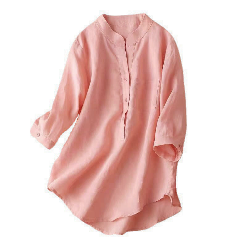 Chemise décontractée en coton et lin à col en V et manches trois-quarts pour femme avec motif Buddha Stones - image 18