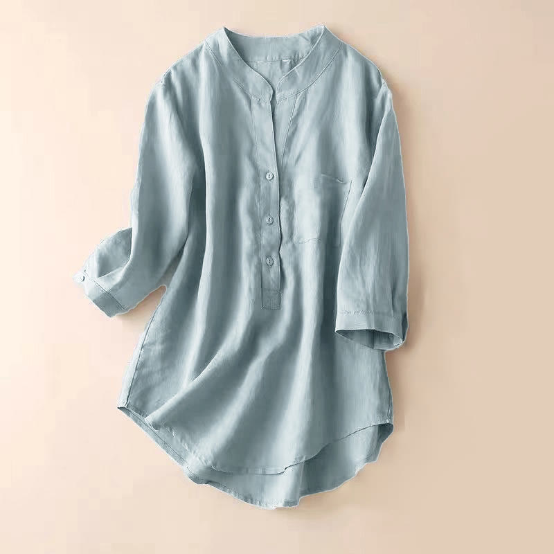 Chemise décontractée en coton et lin à col en V et manches trois-quarts pour femme avec motif Buddha Stones - Bleu acier clair - US12，UK/AU16，EU44 (3XL) - image 1