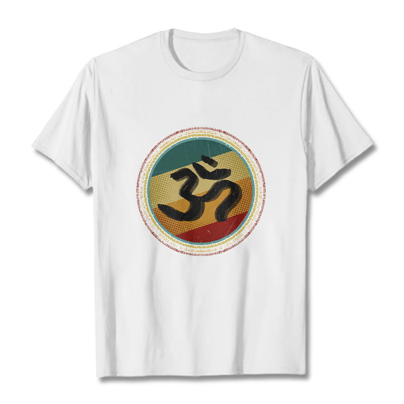 T-shirt en coton avec motif mandala circulaire simple et coloré représentant des Buddha Stones et le symbole Om - Blanc - 2XL - image 1