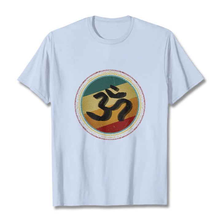 T-shirt en coton avec motif mandala circulaire simple et coloré représentant des Buddha Stones et le symbole Om - Cyan clair - 2XL - image 19