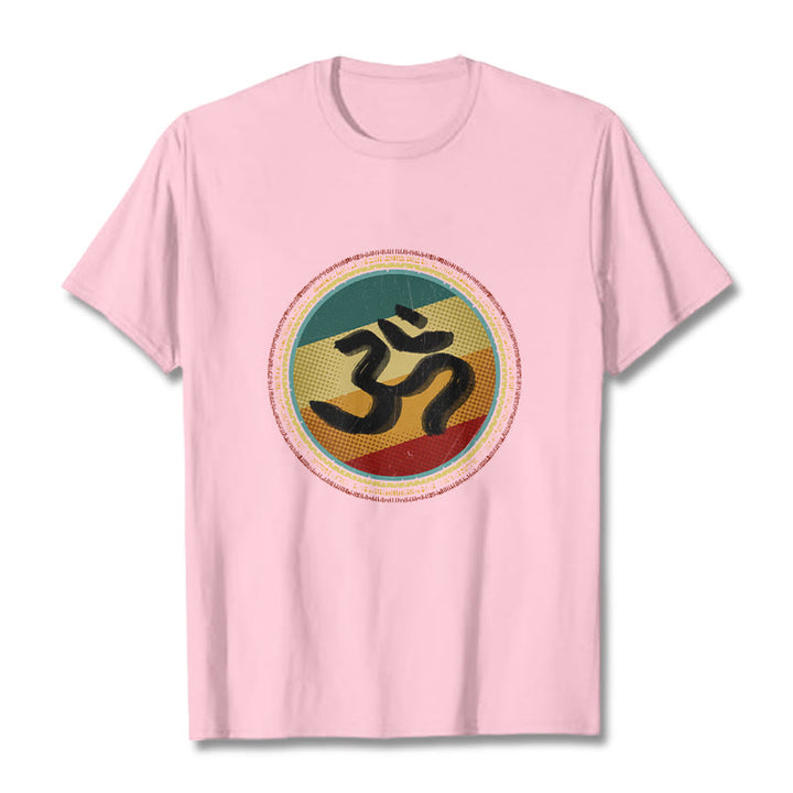 T-shirt en coton avec motif mandala circulaire simple et coloré représentant des Buddha Stones et le symbole Om - Rose clair - 2XL - image 13