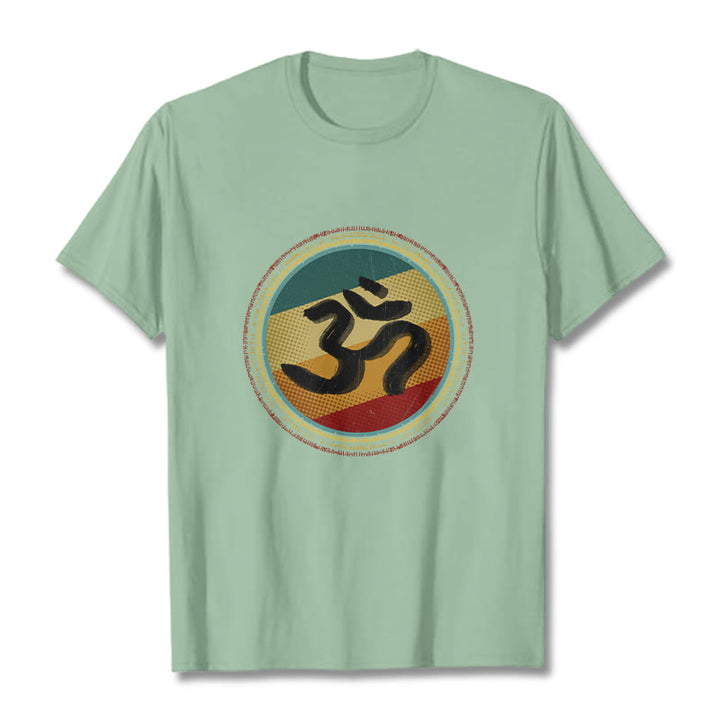 T-shirt en coton avec motif mandala circulaire simple et coloré représentant des Buddha Stones et le symbole Om - Vert pâle - 2XL - image 15