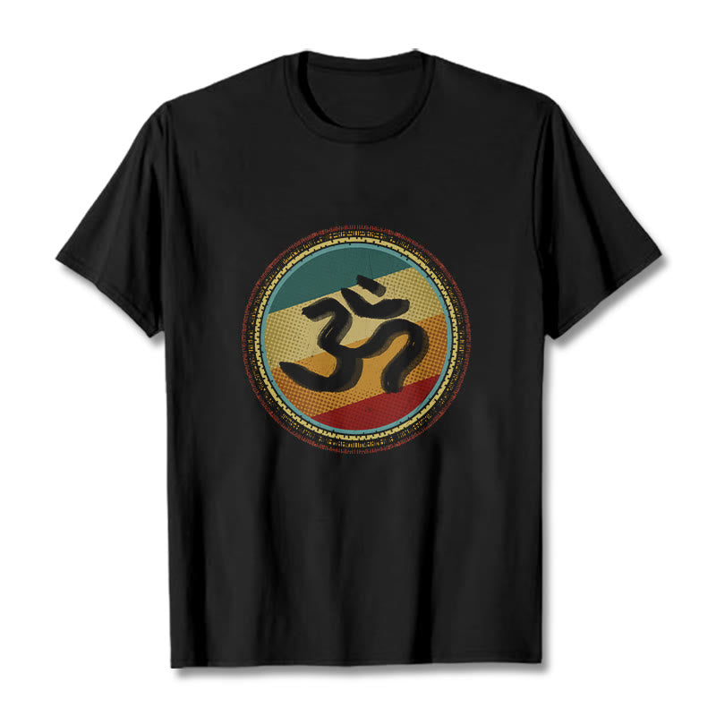 T-shirt en coton avec motif mandala circulaire simple et coloré représentant des Buddha Stones et le symbole Om - Noir - 2XL - image 5