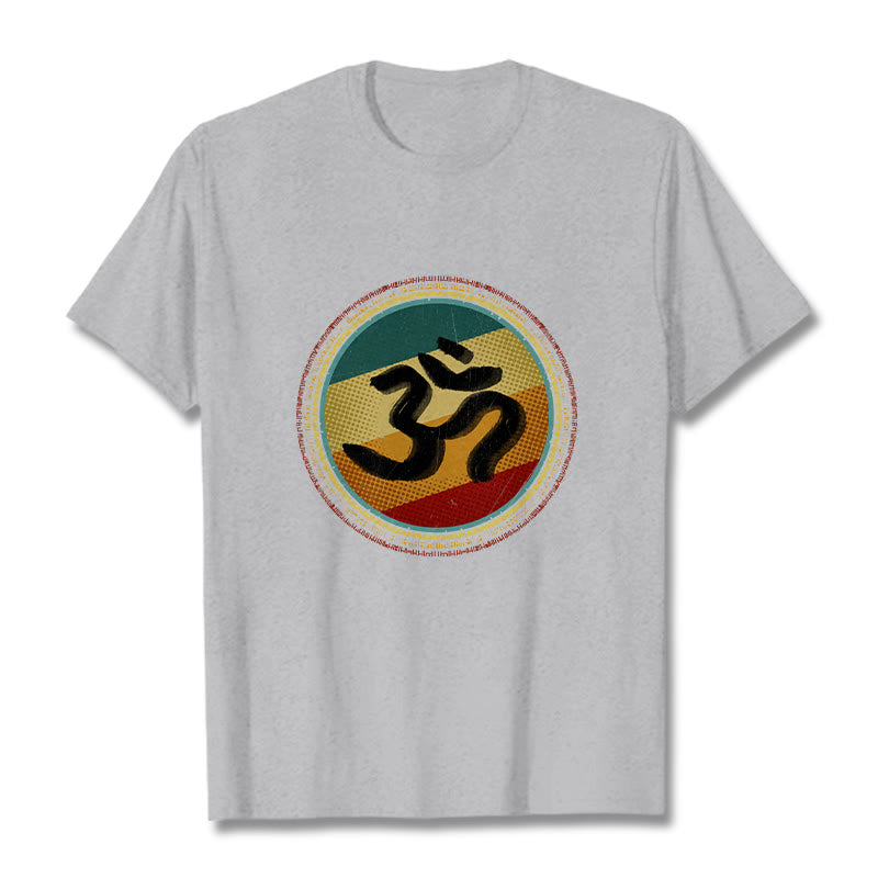 T-shirt en coton avec motif mandala circulaire simple et coloré représentant des Buddha Stones et le symbole Om - Gris clair - 2XL - image 20
