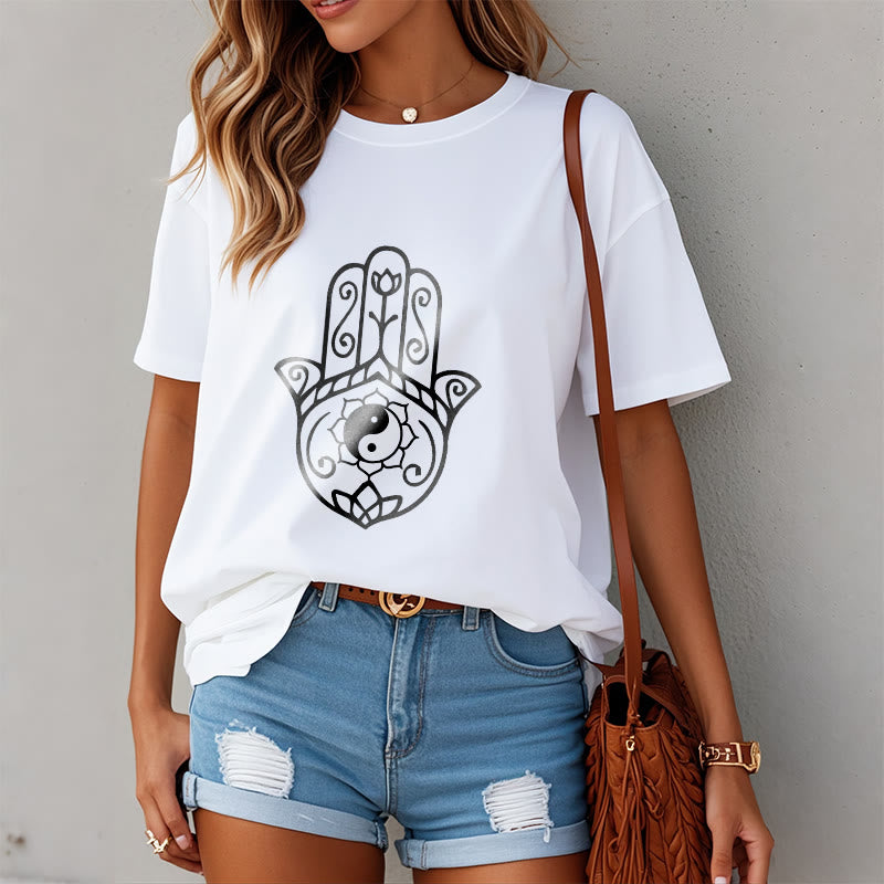 T-shirt en coton avec motif Buddha Stones, main de Fatima, Yin et Yang - image 10