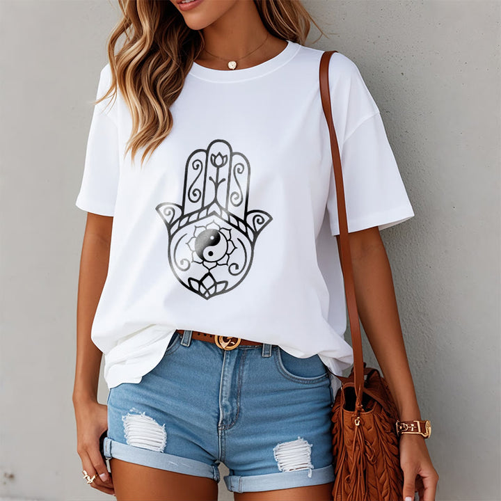 T-shirt en coton avec motif Buddha Stones, main de Fatima, Yin et Yang - image 10