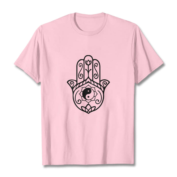 T-shirt en coton avec motif Buddha Stones, main de Fatima, Yin et Yang - Rose clair - 2XL - image 13
