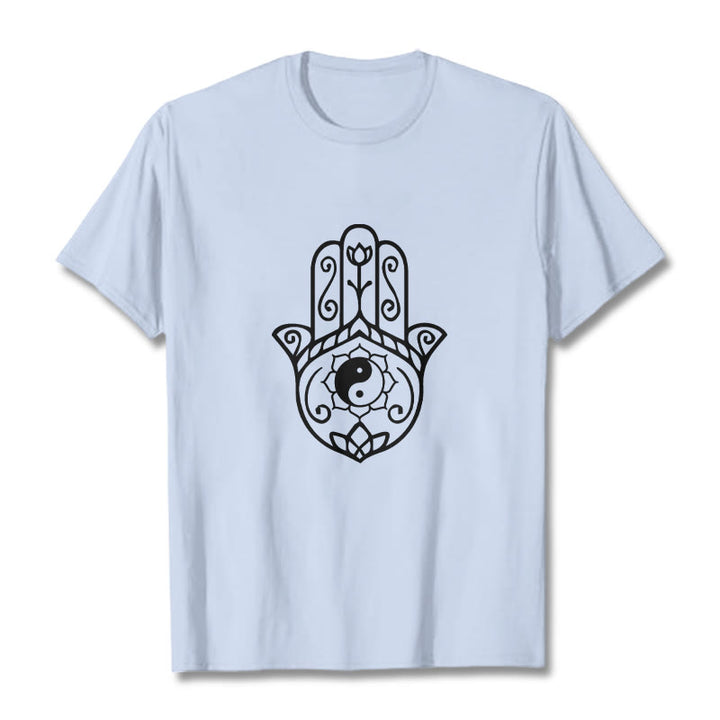 T-shirt en coton avec motif Buddha Stones, main de Fatima, Yin et Yang - Cyan clair - 2XL - image 19