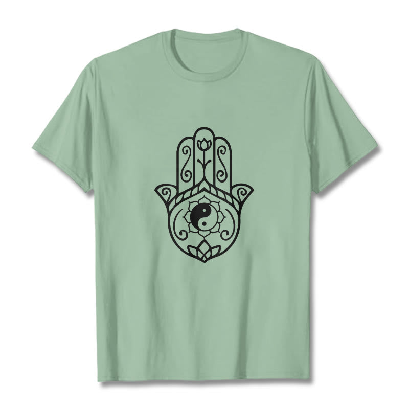 T-shirt en coton avec motif Buddha Stones, main de Fatima, Yin et Yang - Vert pâle - 2XL - image 15