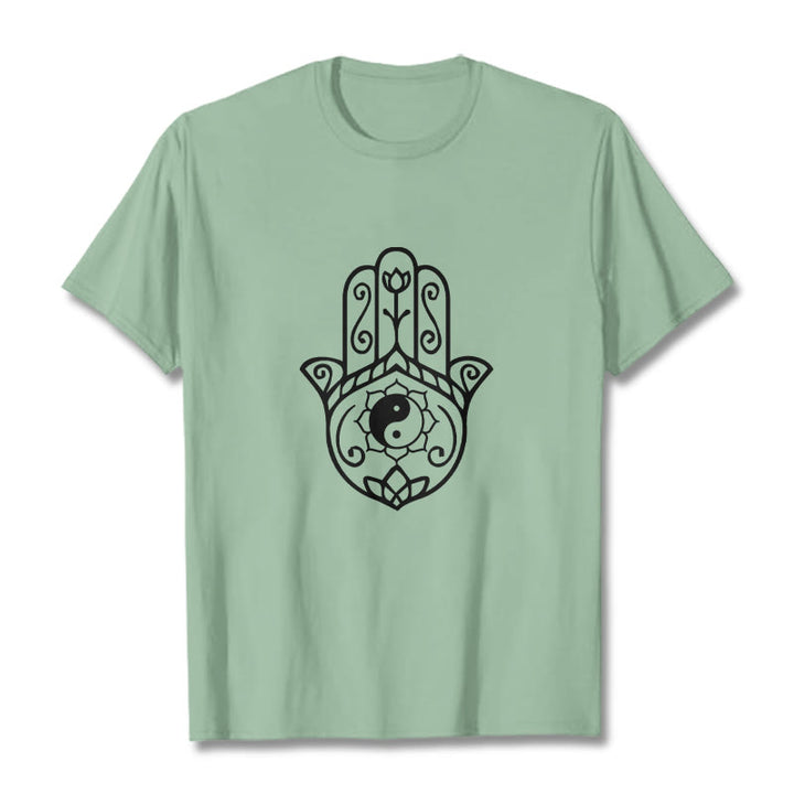 T-shirt en coton avec motif Buddha Stones, main de Fatima, Yin et Yang - Vert pâle - 2XL - image 15