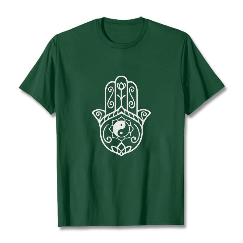 T-shirt en coton avec motif Buddha Stones, main de Fatima, Yin et Yang - Forêt Verte - 2XL - image 1