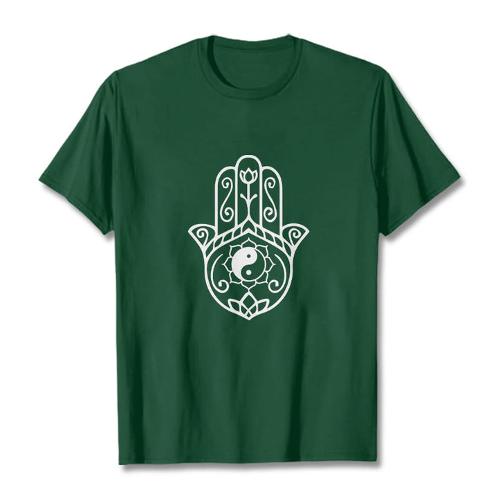 T-shirt en coton avec motif Buddha Stones, main de Fatima, Yin et Yang - Forêt Verte - 2XL - image 1