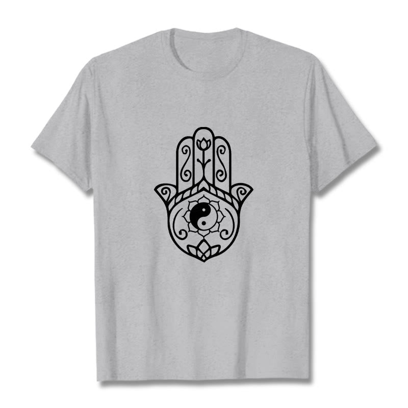 T-shirt en coton avec motif Buddha Stones, main de Fatima, Yin et Yang - Gris clair - 2XL - image 20