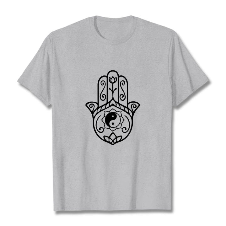 T-shirt en coton avec motif Buddha Stones, main de Fatima, Yin et Yang - Gris clair - 2XL - image 20