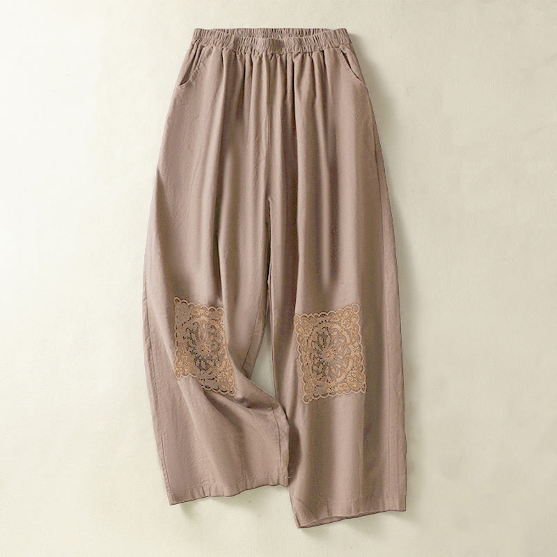 Pantalon Buddha Stones en coton et lin pour femme, style décontracté, vintage, avec broderies et motifs cachemire, avec poches - Chocolat - US8-10，UK/AU12-14，EU40-42 (2XL) - image 0