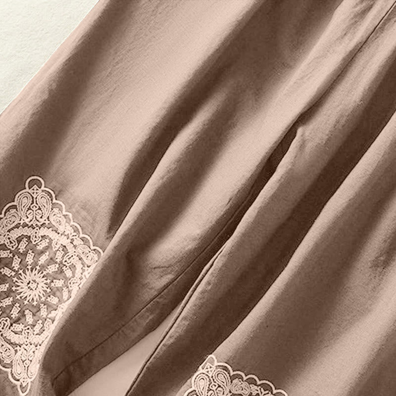 Pantalon Buddha Stones en coton et lin pour femme, style décontracté, vintage, avec broderies et motifs cachemire, avec poches - image 3