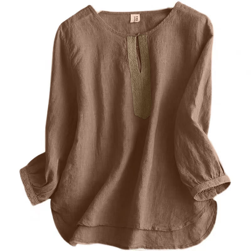 Chemise décontractée à manches trois-quarts et col rond ajouré pour femme avec Buddha Stones - image 4