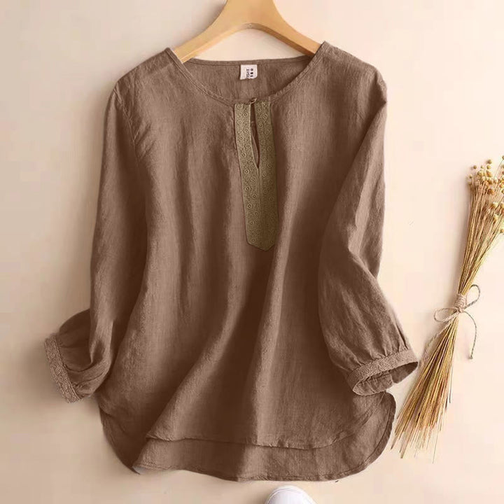 Chemise décontractée à manches trois-quarts et col rond ajouré pour femme avec Buddha Stones - Tanné - US8-10，UK/AU12-14，EU40-42 (2XL) - image 1