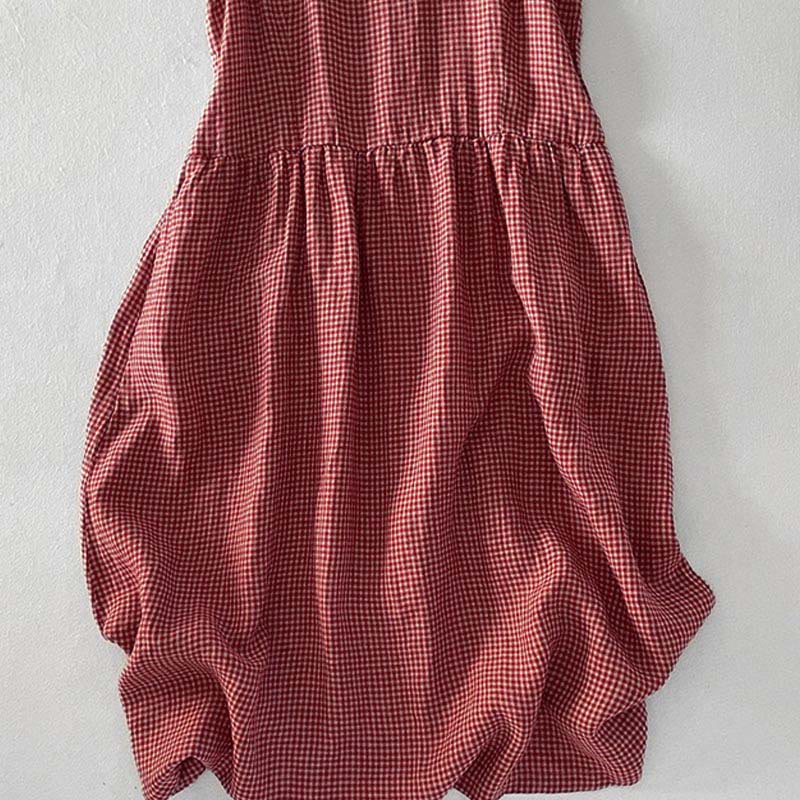Robe midi Buddha Stones à carreaux faite main en coton sans manches avec poches - image 6