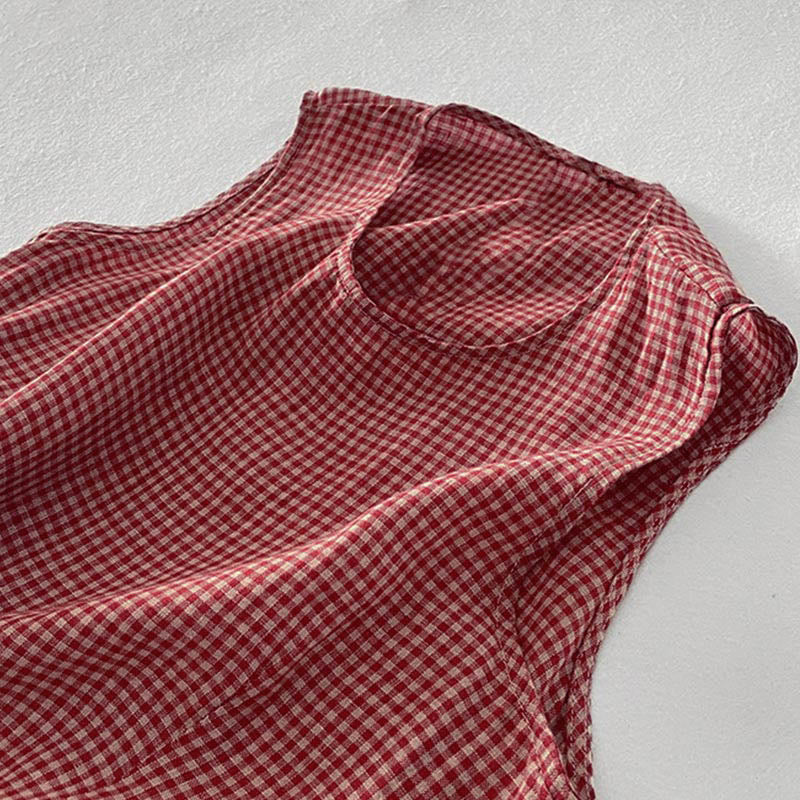 Robe midi Buddha Stones à carreaux faite main en coton sans manches avec poches - image 7