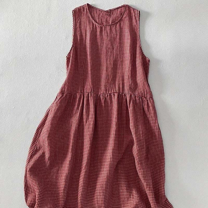 Robe midi Buddha Stones à carreaux faite main en coton sans manches avec poches - image 4