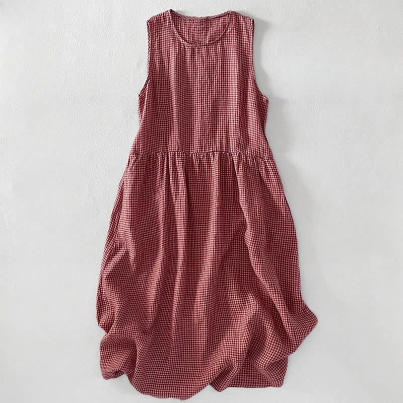 Robe midi Buddha Stones à carreaux faite main en coton sans manches avec poches - Saumon foncé - US16，UK/AU20，EU48 (3XL) - image 0