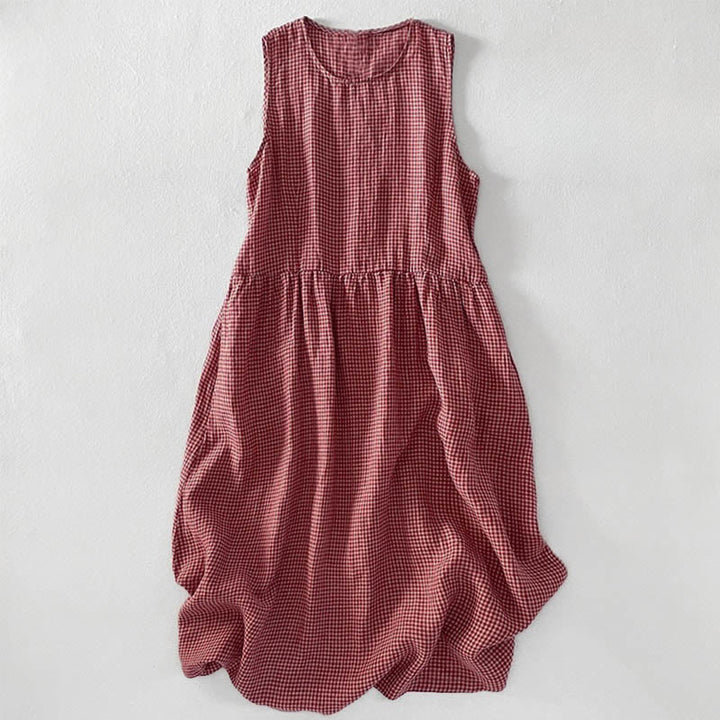 Robe midi Buddha Stones à carreaux faite main en coton sans manches avec poches - Saumon foncé - US16，UK/AU20，EU48 (3XL) - image 0