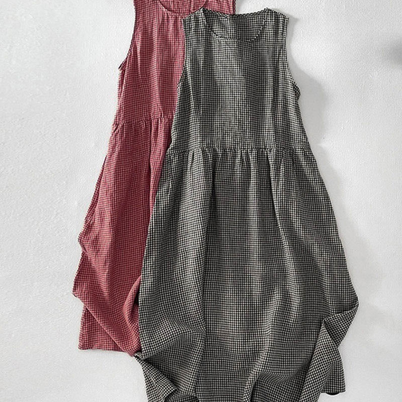 Robe midi Buddha Stones à carreaux faite main en coton sans manches avec poches - image 17