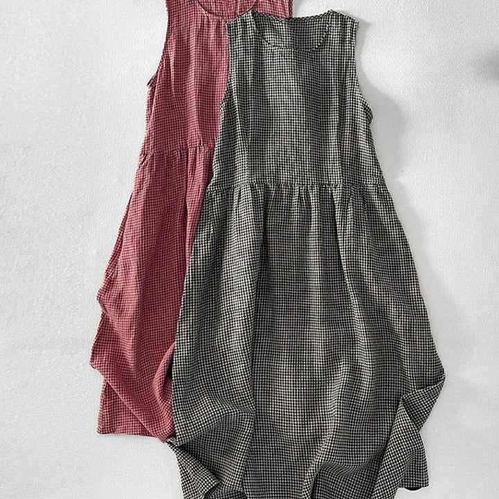 Robe midi Buddha Stones à carreaux faite main en coton sans manches avec poches - image 17