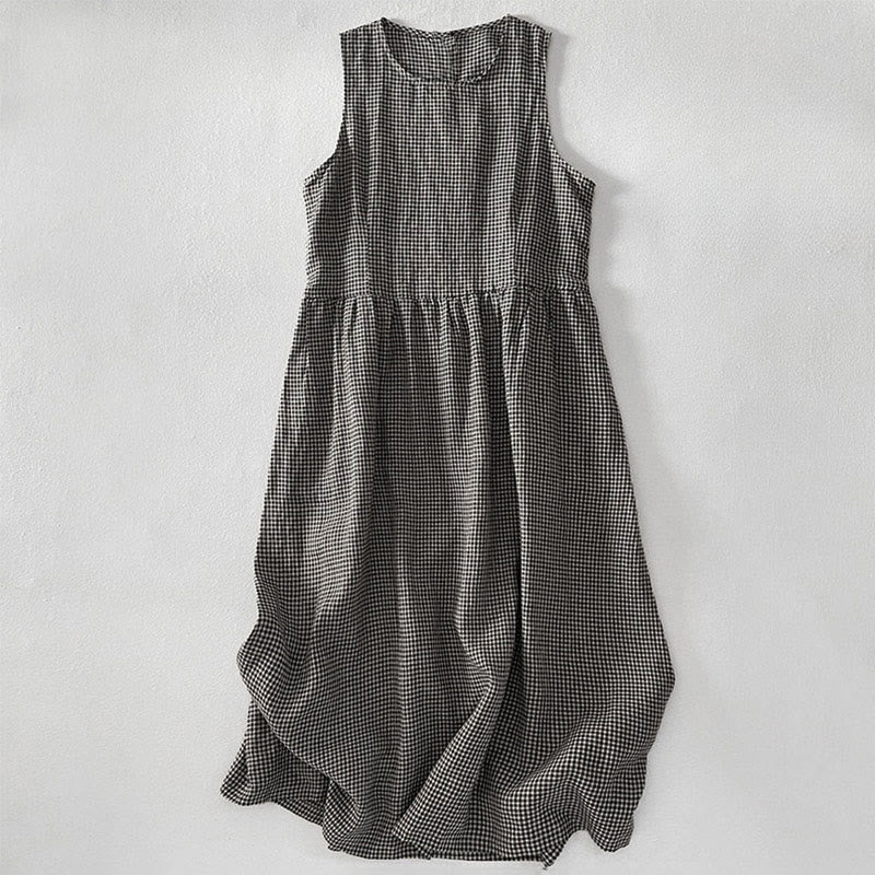 Robe midi Buddha Stones à carreaux faite main en coton sans manches avec poches - Gris terne - US14，UK/AU18，EU46 (2XL) - image 9