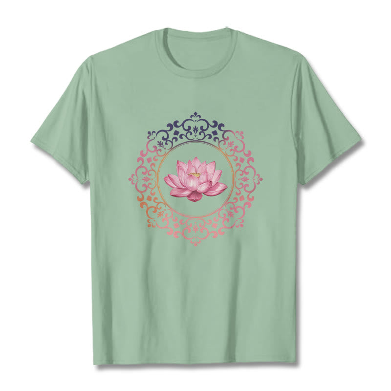 T-shirt en coton à motif de lotus rose et mandala avec Buddha Stones - Vert pâle - 2XL - image 14