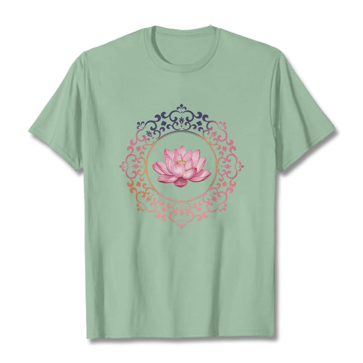 T-shirt en coton à motif de lotus rose et mandala avec Buddha Stones - Vert pâle - 2XL - image 14