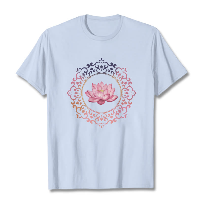 T-shirt en coton à motif de lotus rose et mandala avec Buddha Stones - Cyan clair - 2XL - image 18